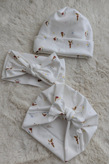 Lot de 3 accessoires bébé : bonnet, turban et bandeau